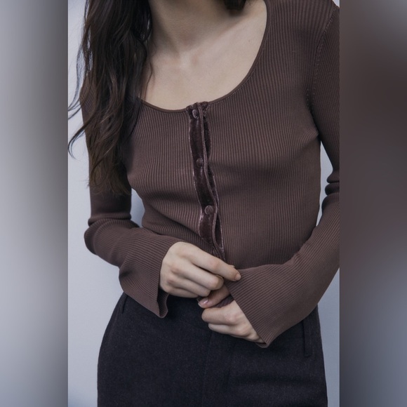 Zara Ribbed  Crop Cardigan Velvet Lined Buttons Knit Brown Women's‎ Size Medium - Picture 4 of 13